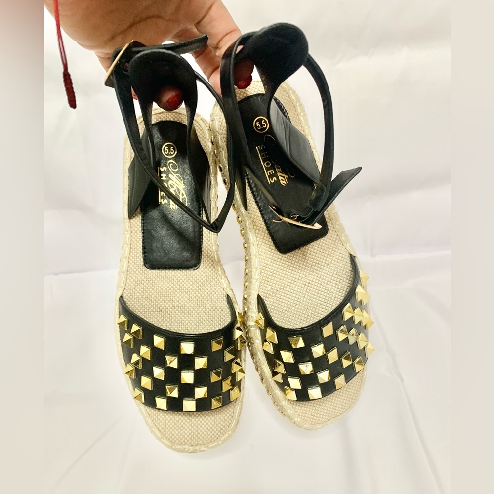 New:never worn, black w/ gold studs espadrilles sandals size 5.5 fits like a 6